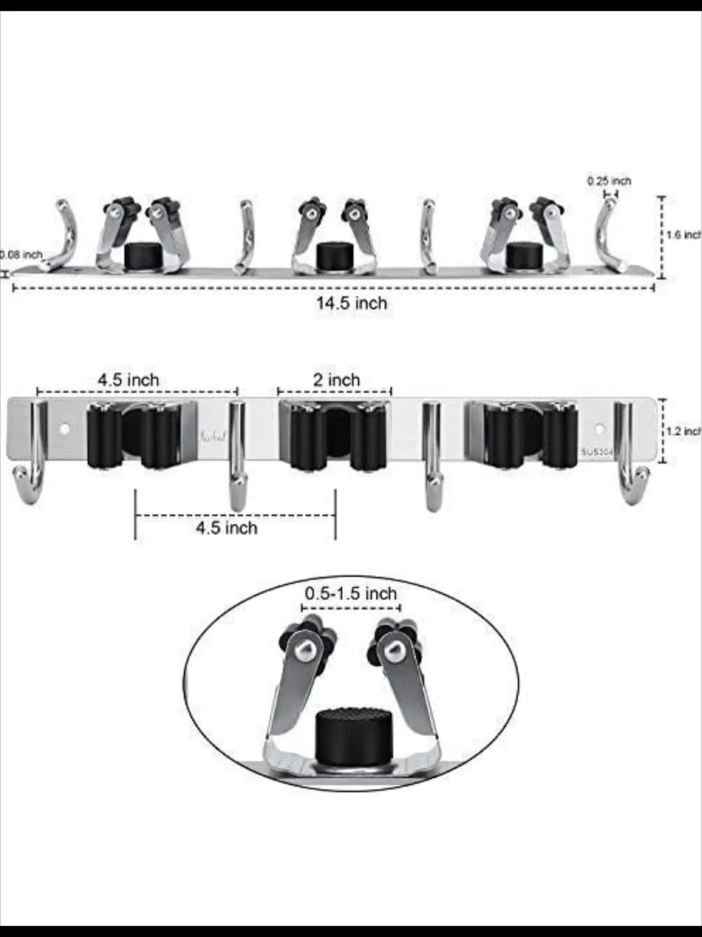 Stainless Steel 4-Broom Holder Wall Rack with Black Rubber Grips